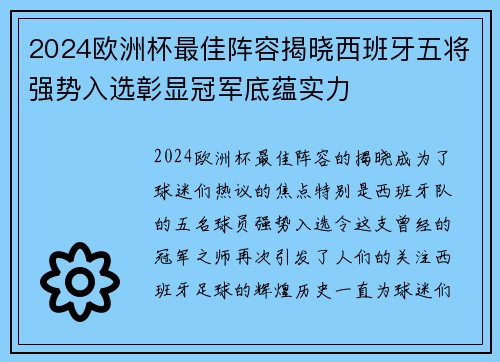 2024欧洲杯最佳阵容揭晓西班牙五将强势入选彰显冠军底蕴实力