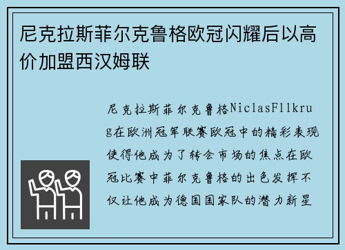 尼克拉斯菲尔克鲁格欧冠闪耀后以高价加盟西汉姆联 尼克拉斯菲尔克鲁格欧冠闪耀后以高价加盟西汉姆联